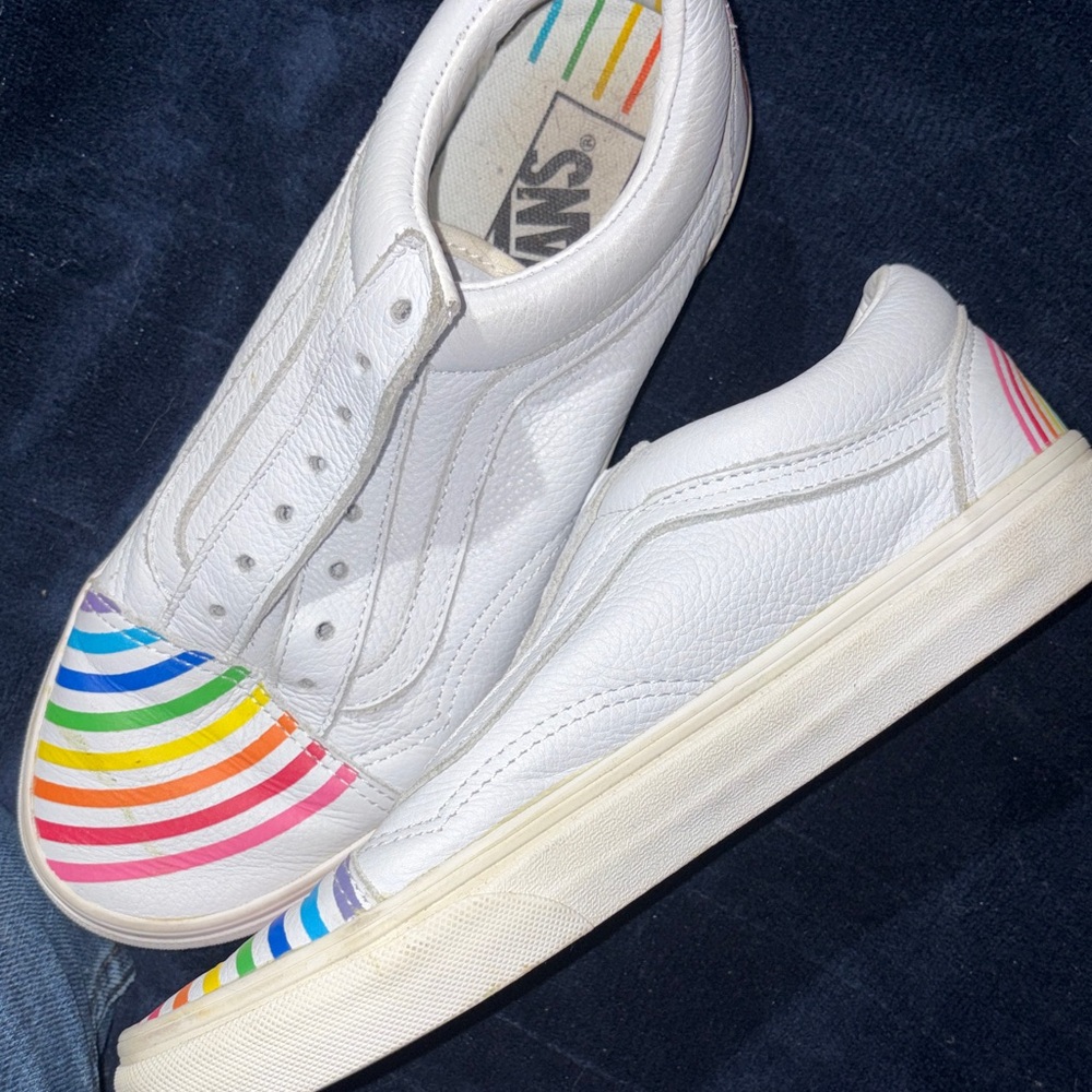 Vans White Leather Slip-On Sneakers with Multicolor Rainbow Stripes